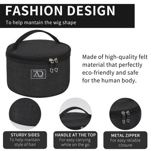 Travel Case for Wigs, Black Quilted Nylon with Interior Mirror, Zipper, & Double Stitching, Lightweight & Portable Wig Pouch by Adolfo Design