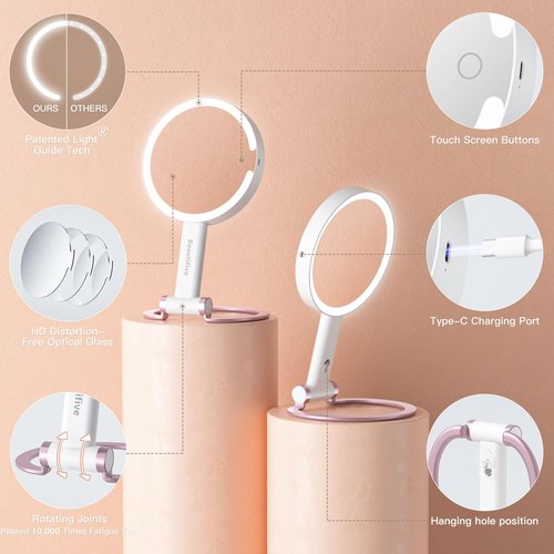Beautifive 7" Magnifying Mirror with Light, Rechargeable Double-Sided 10X/1X Handheld Mirror with Light, Stepless Dimming Touch 3 in 1 Hand Held Mirrors for Desk Hanging, Pink Detachable Base