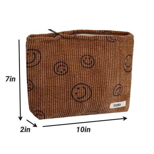 BIVIZKU Travel Checkered Makeup Bag, Corduroy Cosmetic Bag for Purse, Small Cosmetic Zipper Pouch Cute Travel Checkered Makeup Bag Gift for Women,Girls (brown smile)