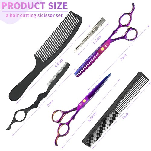PURPLEBIRD Hair Cutting Kit, Professional Barber Scissors and Thinners Set - Stainless Steel Hair Scissors and 10 Pcs Purple for Men, Women and Pets