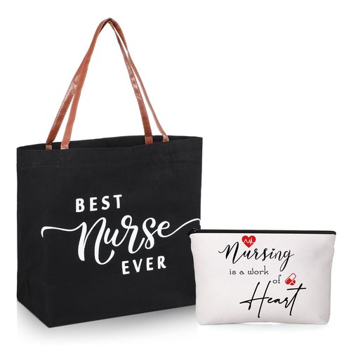 Queekay 2 Pcs Emergency Nurses Week Gifts Tote Bag Canvas Shoulder Makeup Cosmetic Bag Canvas Zipper Pouches for Vet Tech Medical Assistant