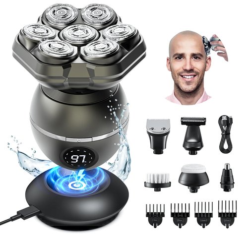 7D Head Shavers for Bald Men: 6 in 1 Detachable Bald Head Shavers - IPX7 Waterproof Wet Dry Electric Razor for Men- LED Display Shaving Grooming Kit with Type-C Charge