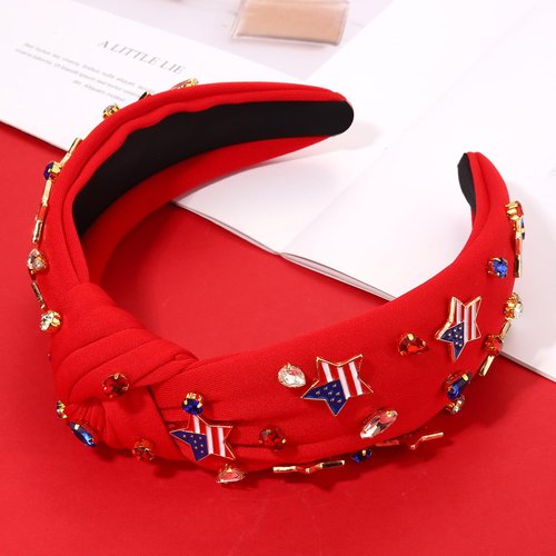4th of July Headbands for Women, 4th of July Accessories, American Flag Patriotic Headbands, Rhinestone Pearl Knotted Hairbands Beads Embellished Jeweled Headband Holiday Gifts (Star B - Red)