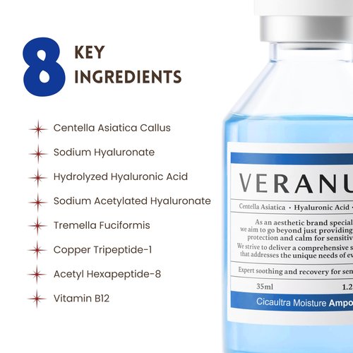 Veranum Cicaultra Moisture Ampoule – Korean Peptide & Hyaluronic Acid Face Serum for Sensitive Skin – Deep Hydration, Barrier Repair & Glass Glow Firmness – 1.2 fl oz (35 mL)