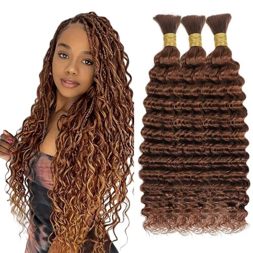 Brown Human Braiding Hair for Boho Braids 150g 20 20 20 Inch Curly Boho Hair for Braiding Knotless Color 30 Deep Wave Bulk Bohemian 3 Bundles/Pack