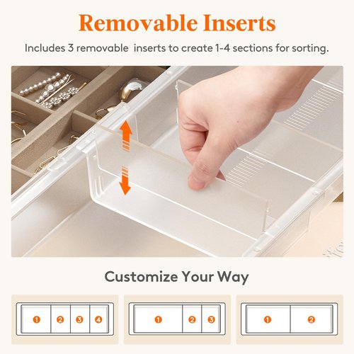 Lifewit Sliding Makeup Drawer Organizer Trays with Inserts, Extendable Hanging Desk Drawer Divider, Fits 13-20" Deep Drawers, 1.8" High Plastic Organizer Tray for Vanity, Office, Kitchen, Translucent
