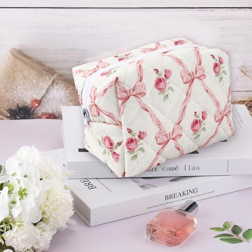 URSKYTOUS Quilted Makeup Bag Floral Large Cute Cosmetic Bag Cotton Puffy Makeup Organizer Coquette Travel Makeup Pouch Aesthetic Portable Zipper Toiletry Storage Bag for Women Girls (Pink Bow)