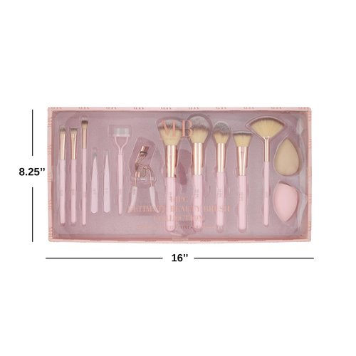 14pc Ultimate Beauty Brush Collection - Full Makeup Eyelash Curler Tweezer Sponge Kit Cosmetic Tools Professional Face Eye (ROSE GOLD)