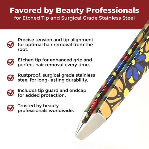 Venus by Regine Slant Tweezers - Handmade Precision Tool for Women & Men, 25-Degree Angle for Shaping Eyebrows & Grooming Facial Contours, Suitable for Eyebrow & Facial Hair Removal (Large Flowers)