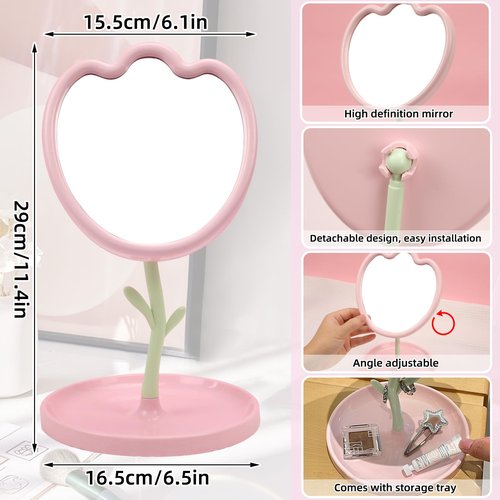 LIYAZHIL Flower Shaped Desk Mirror with Tray Adjustable Angle Tabletop Vanity Makeup Mirror for Home Decoration