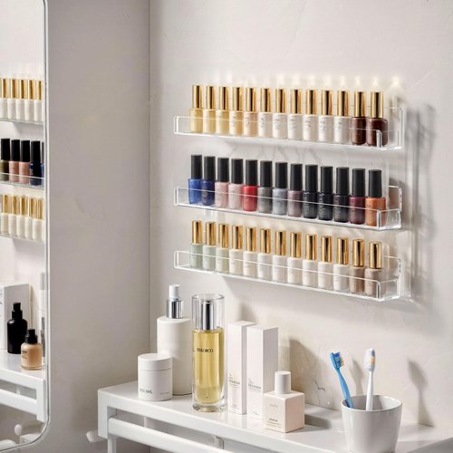 NIUBEE 6 Pack Nail Polish Rack Wall Mounted Shelf with Removable Anti-Slip End Inserts, Clear Acrylic Nail Polish Organizer Display 90 Bottles