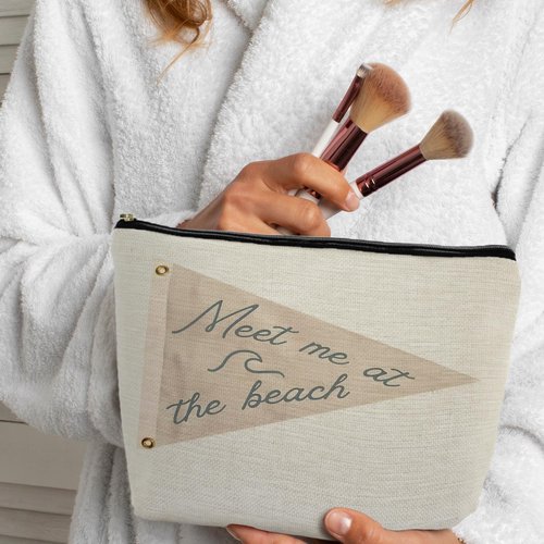 ignytiger Coastal Beach Makeup Bag, Meet Me at the Beach Canvas Cosmetic Bags for Women, Gifts for Ocean Lovers, Small Retro Cute Beige Nautical Zipper Makeup Pouches Gifts for Purse