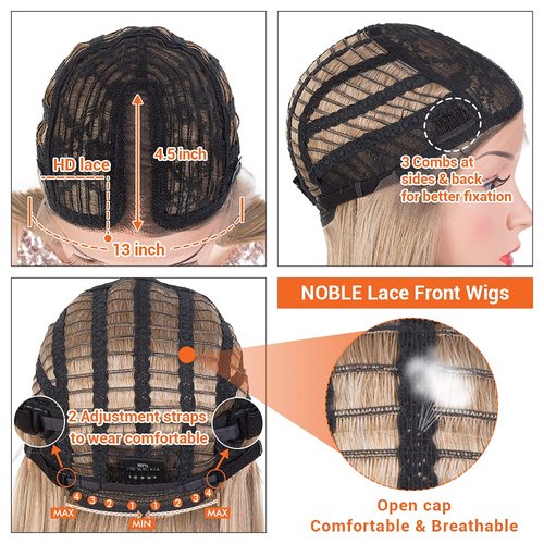 NOBLE Honey Blonde Lace Front Bob Wigs for Women T Part HD Lace Front Wigs with Brown Roots Synthetic Long Bob Wigs for Party and Daily Use (Ombre Brown Blonde with Dark Root Color)