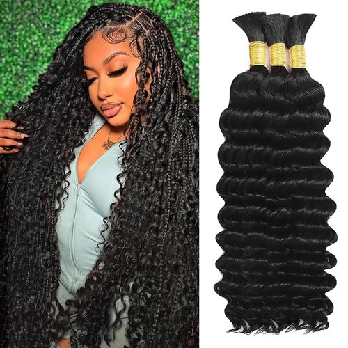 Human Braiding Hair for Boho Braids 14 Inch 120g Deep Wave Bulk Boho Human Hair for Braiding Curly Knotless Bohemian Braids 12A 100% Brazilian Virgin No Weft Extensions 3 Bundles/Pack Natural Black 1B
