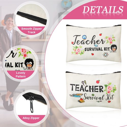 Frienda 36 Pieces Teacher Appreciation Present Set, 18 Survival Kit Makeup Pouch Bag Pencil Bag, 18 Teacher Blessing Card Bracelet, Cosmetic Bag Kit for Teacher's Day, Elegant Style, 9.1 x 5.9 Inch