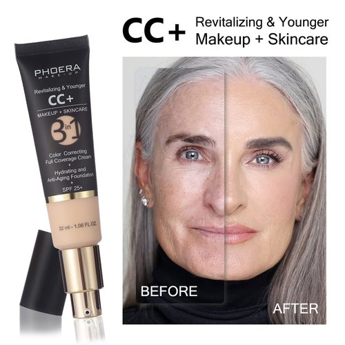 PHOERA Foundation,PHOERA CC+ Cream Color Correcting Anti Aging Hydrating Serum &SPF 25+,3 Pcs Cream Contour Stick Makeup Kit, Shades with Highlighter Stick, Blush Stick and Bronzer Contour Stick