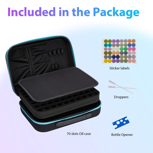 DHXYZZB Essential Oils Carrying Case Holds, 70 Bottles 5ml, 10ml, 15ml Bottles Storage Organizer Bag Hard Shell EVA, Essential Oil Bag with Labels & Bottle Opener & Plastic Droppers (Blue)