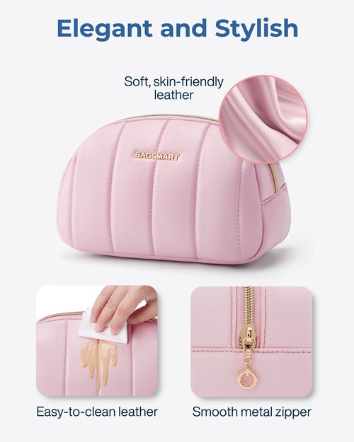 BAGSMART Small Makeup Bag PU Leather Travel Makeup Bag Organizer Makeup Pouch, Portable Cosmetic Bags for Women, Cute Make Up Bag for Travel Size Toiletries Accessories Brushes (Purple)
