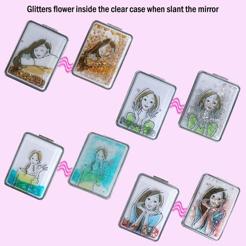 Beaufy Small Magnifying Makeup Compact Mirror Set Folding Portable Handheld Mini Rectangle Pocket Purse Mirrors Bulk with 1x/2x Magnification Floating Glitters - Gift for Women Girl Pack of 4