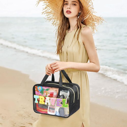 Yowivon Extra Large Travel Pouches for Toiletries, Waterproof Preppy Makeup Spf Sunscreen Skin Care Snack Bag, Clear Tote Bag for Beach, Camping, Business Trips, Swimming, Stadium Event, Black, XL