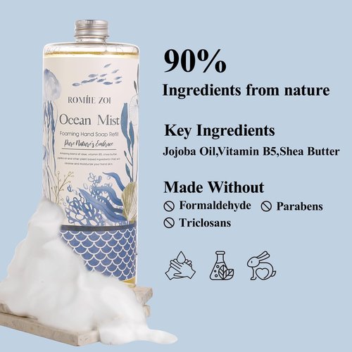 ROMIIE ZOI Hand Soap Refills, Foaming Hand Soap Natural Plant Moisturizing Handsoap Fragrance Ocean Mist - Soft Hand Wash for Kitchen & Bathroom - with Foam Soap Dispenser 1L/33.8oz Pack 0f 3