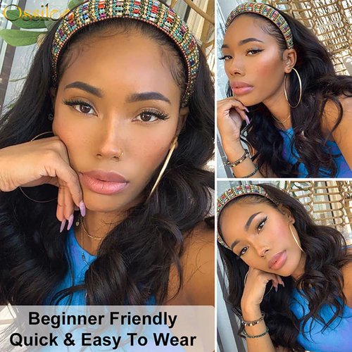 Justres Headband Wigs for Black Women Human Hair 16 Inch Glueless Body Wave Headband Wig Human Hair 100% Brazilian Virgin Hair Machine Made Head band Wig 150% Density