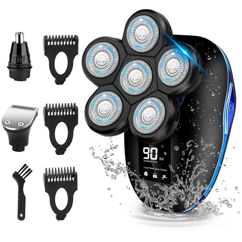 Electric Head Shavers for Bald Men, Upgraded 6-in-1 Waterproof Wet/Dry Grooming Kit Electric Shaver for Men, Cordless Rechargeable Bald Head Razor for Home&Travel