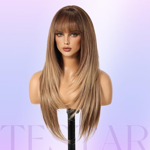 testar Long Brown Straight Wigs With Bangs Long Ombre Brown Blonde Synthetic Wigs for White Women Daily Use 26IN