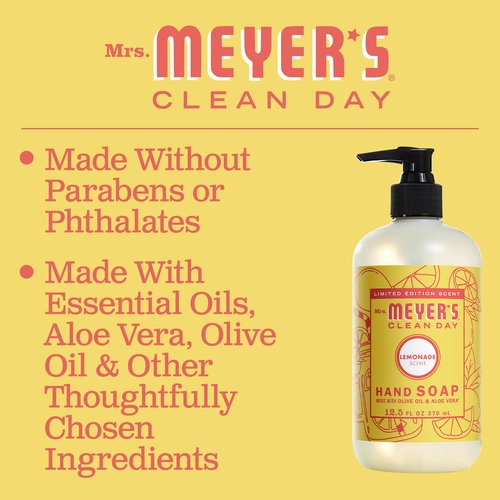 Mrs. MEYER'S CLEAN DAY Liquid Hand Soap, Cruelty Free, Hand Wash Formula Made with Essential Oils, Limited Edition Lemonade Scent, 12.5 oz Bottle