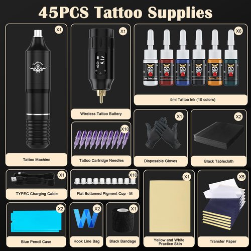 Beginners Tattoo Gun Machine Kit Professional Complete Tattoo Gun Kits for Beginner Rotary Tattoo Pen Set with 10Pcs Tattoo Cartridge Needles for Starter Artists (Black-45Pcs)