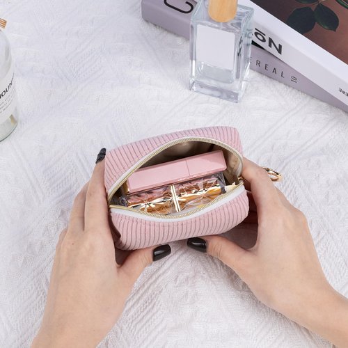 Playexen Mini Makeup Bag, Corduroy Small Cosmetic Bag for Purse with Ring Buckle, Portable Travel Makeup Pouch for Lipsticks, Chapsticks, Coin, Earphone, Credit Card (Black)