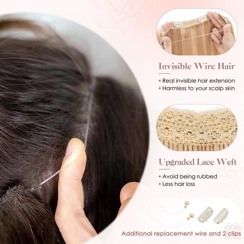 S-noilite Halo Hair Extension Invisible Wire in Real Remy Human Hair Extensions with Clips Adjustable Hidden Wire in Hair Extension for Women 14 inch Ash Brown Highlighted Blonde