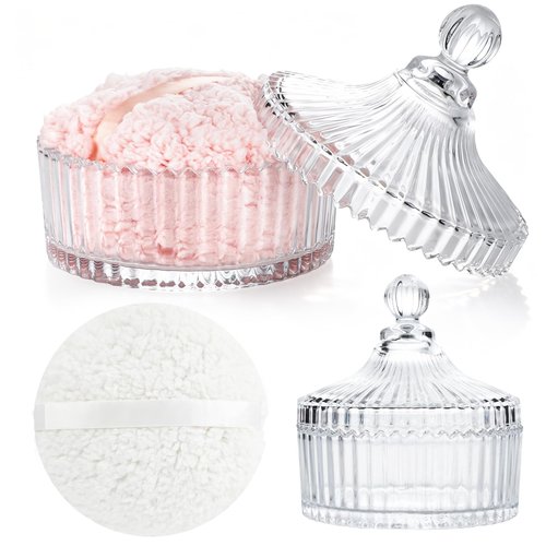 XIEJ 4 Pcs 6 In Extra Large Body Powder Puff and Container,Glass Candy Dish with Lid, Suitable for Both Dry and Wet Use, Reusable