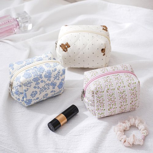 Cute Cotton Mini Cosmetic Bags for Purse,Featherweight Small Quilted Makeup Bag with Zipper, Lipstick Pouch Organizer for Women Girls(02Small Bear)