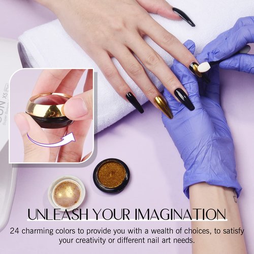 SAVILAND Chrome Nail Powder Set: 24 Colors Metallic Mirror Effect Iridescent Chrome Powder for Gel Polish Holographic Chameleon Nail Art Decoration Glitter Pigment Dust DIY Manicure Kit Home Salon Use