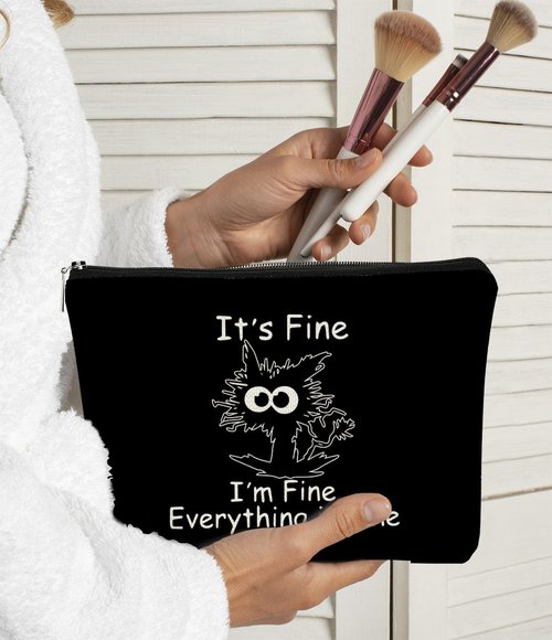 Funny Cute Cat Makeup Bag,Cat Lover Gifts For Women,Its Fine Im Fine Everythings Fine,Black Cat Cosmetic Bag Small Pouch,Birthday Gift,Coworker Gifts(Black)