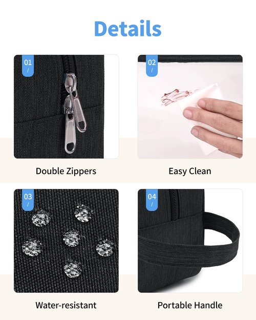 Narwey Clear Travel Toiletry Bags for Traveling Toiletries Men Women, Clear Makeup Bag Cosmetic Bag with Zipper, Make Up Pouch Organizer Bag with Handle, Skincare Beach Snack Medicine Bag, Black