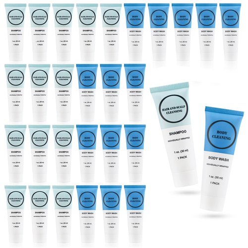RSQAZQ Travel Size Shampoo and Body Wash Bulk, Individually Wrapped Hotel Mini Shower Gel and Small Men Women Cleansing Toiletries Amenities for Hotel/Vacation/Homeless 1 oz (3.7inch, Count, 100)