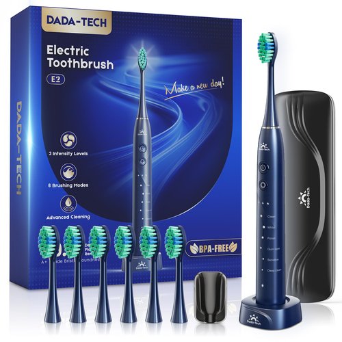 Electric Toothbrush for Adults Kids Electric Toothbrush Rechargeable Sonic Toothbrush Ultrasonic Toothbrush with Travel Case, Holder & 7 Brush Heads, 6 Modes & 3 Intensities, 2-Minute Timer (Blue)