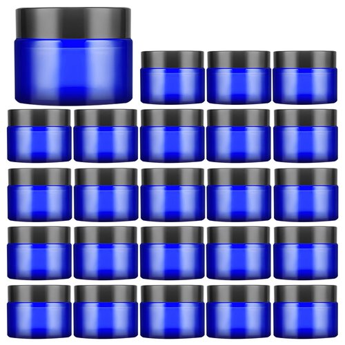 IRON BILL 1 Oz Blue Round Glass Jars with Inner Liners and Black Lids(24PCS) Empty Cream Containers Refillable Cosmetic Vials for Cosmetics, Lotions, Ointment, Body Scrubs & Balms