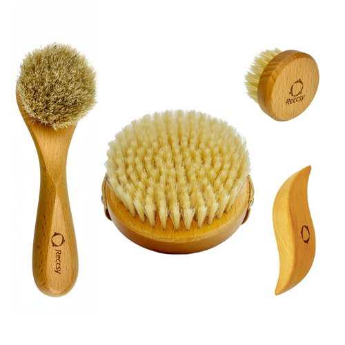 4pcs Dry Brushing Body Brush Set for Lymphatic Drainage-Natural Bristle Dry Skin Brush +Facial Dry Brush for Face+Dry Skin Exfoliating Scrubber+Wood Therapy Massage Tool. Gua Sha, Anti-Cellulite.
