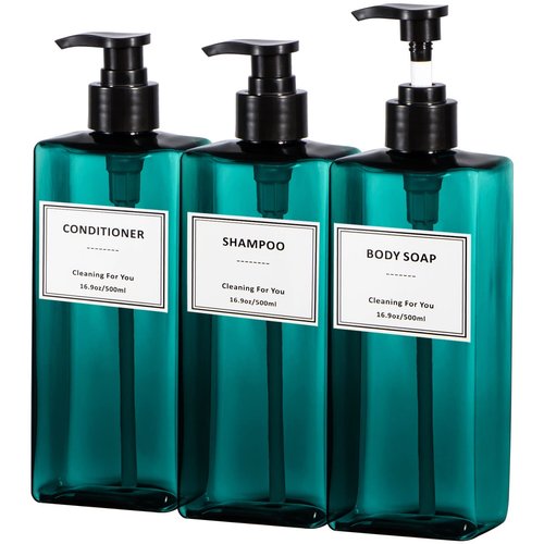 Plastic Shampoo and Conditioner Dispenser, Yeeco Refillable Pump Bottles Blue Shampoo Dispenser 16.9oz/500ml Shampoo Bottles with Pump 3 Packs for Bathroom, Kitchen, Hotel - Lake Blue