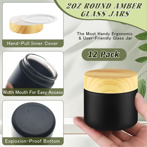 DMuuuDM 12 Pcs 2 Oz Frosted Glass Jar,Empty Refillable Glass Cosmetic Container Jars Holder with Inner liner,Plastic Lid for moisturizer,Foundation,Body Butter Oil,Ointment,Spices (Black)
