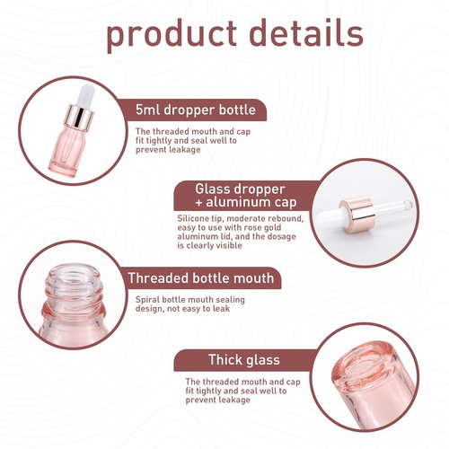Kesell 8 Pack 5ml Pink Dropper Bottles, Empty Refillable Glass Sample Vials Essential Oils DIY Perfume Travel Container, With Rose-Gold Cap And 3 Funnels