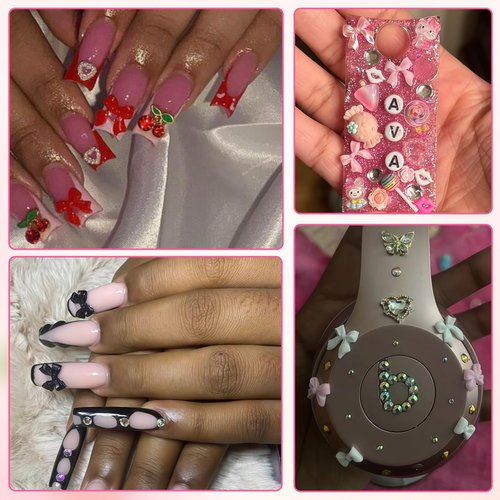 ZUMILLMN Bow Nail Charms, 6-Color 3D Nail Charms Bulk and Half Pearls for Nail Art Charms and Y2K Charms for Nails Design for Women Girl DIY Jewelry Cellphone Crafts
