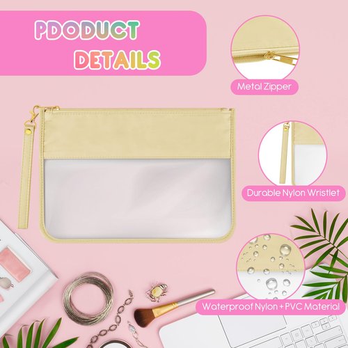 Morcheiong Nylon Clear Zipper Pouch with Wristlet Clear Travel Makeup Bag DIY Chenille Letter Bag Cosmetic Pouch Toiletry Bag for Women Girls (Beige)