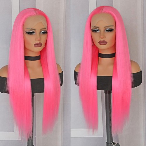 Lovestory Pink Color Lace Front Wigs Long Straight Hair Pastel Pink Heat Resistant Free Part Synthetic Lace Wig Natural Hair High Density Synthetic Lace Front Wigs for Fashion Women