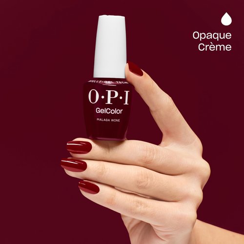 OPI GelColor Malaga Wine | Opaque Dark Wine-Red Crème LED Cure Gel Nail Polish | Salon-Quality Shine, Long-Lasting Wear | Vegan & HEMA Free | 0.5 Fl Oz
