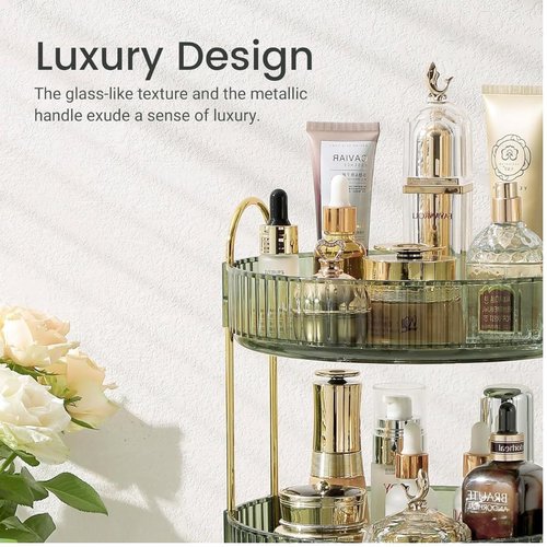 Satpurush 360° Rotating Makeup Organizer – 3-Tier Spinning Cosmetic Holder for Vanity, Countertop, Bathroom & Dresser – Perfume, Skincare & Cosmetic Care Organizer (Clear Green, 3 Tier)