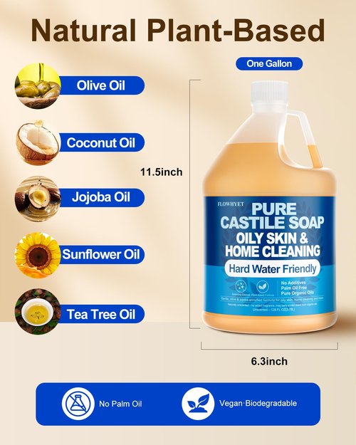 FLOWHYET 1 Gallon Pure Castile Soap Liquid, Organic Hand Soap Refill, Natural For Hand, Body Wash, Dishes, Home Cleaning Oily Skin, Fragrance Free Vegan Hard Water Friendly - Unscented 1 Gallon